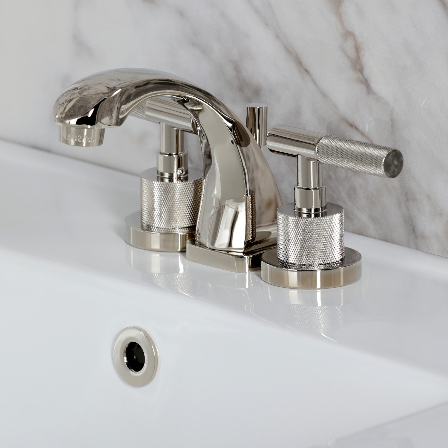 Kingston Sona KS4946KNL - Convergent Two-Handle 3-Hole Deck Mount Widespread Bathroom Faucet with Knurled Handle and Brass Pop-Up, Polished Nickel — thumbnail 2